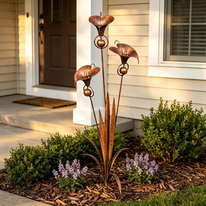 🏡Flamed Copper Three Calla Lilies Garden Stake with Bells