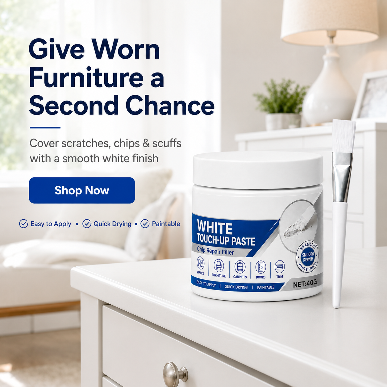 🏡White Furniture Repair Paste with Brush – Quick Scratch & Crack Touch-Up