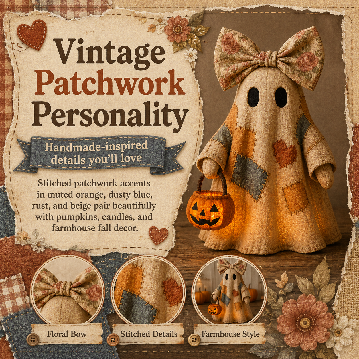 🎃 LIMITED-TIME OFFER🔥 – Vintage Patchwork Glowing Ghost Decor ✨