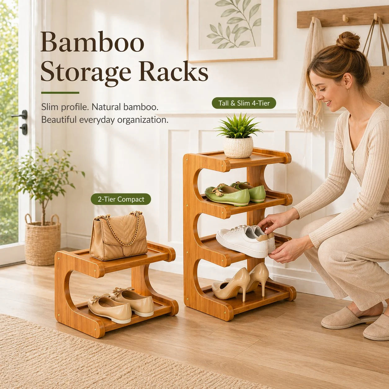 👟🌿 Tall & Narrow Bamboo Shoe Rack