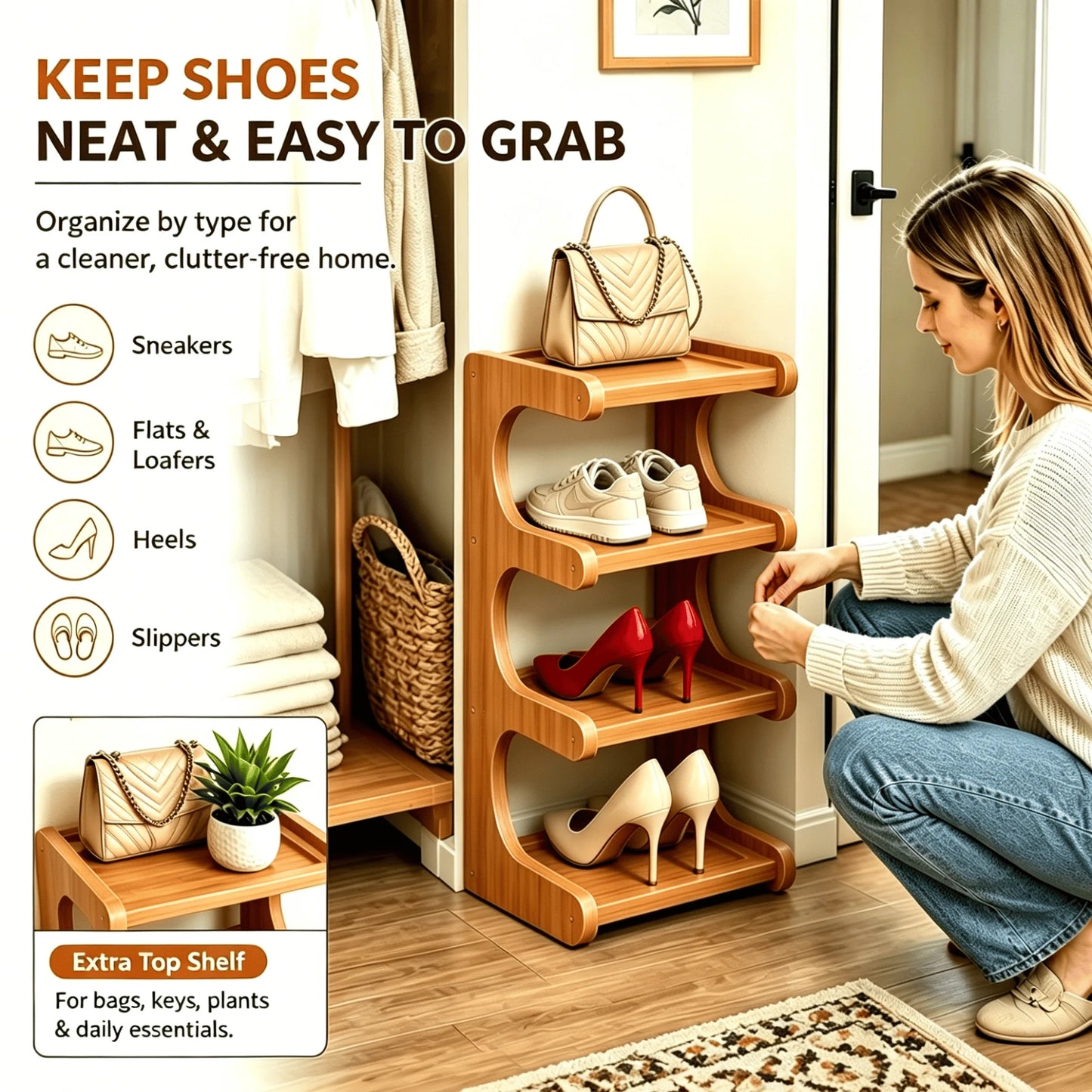 👟🌿 Tall & Narrow Bamboo Shoe Rack