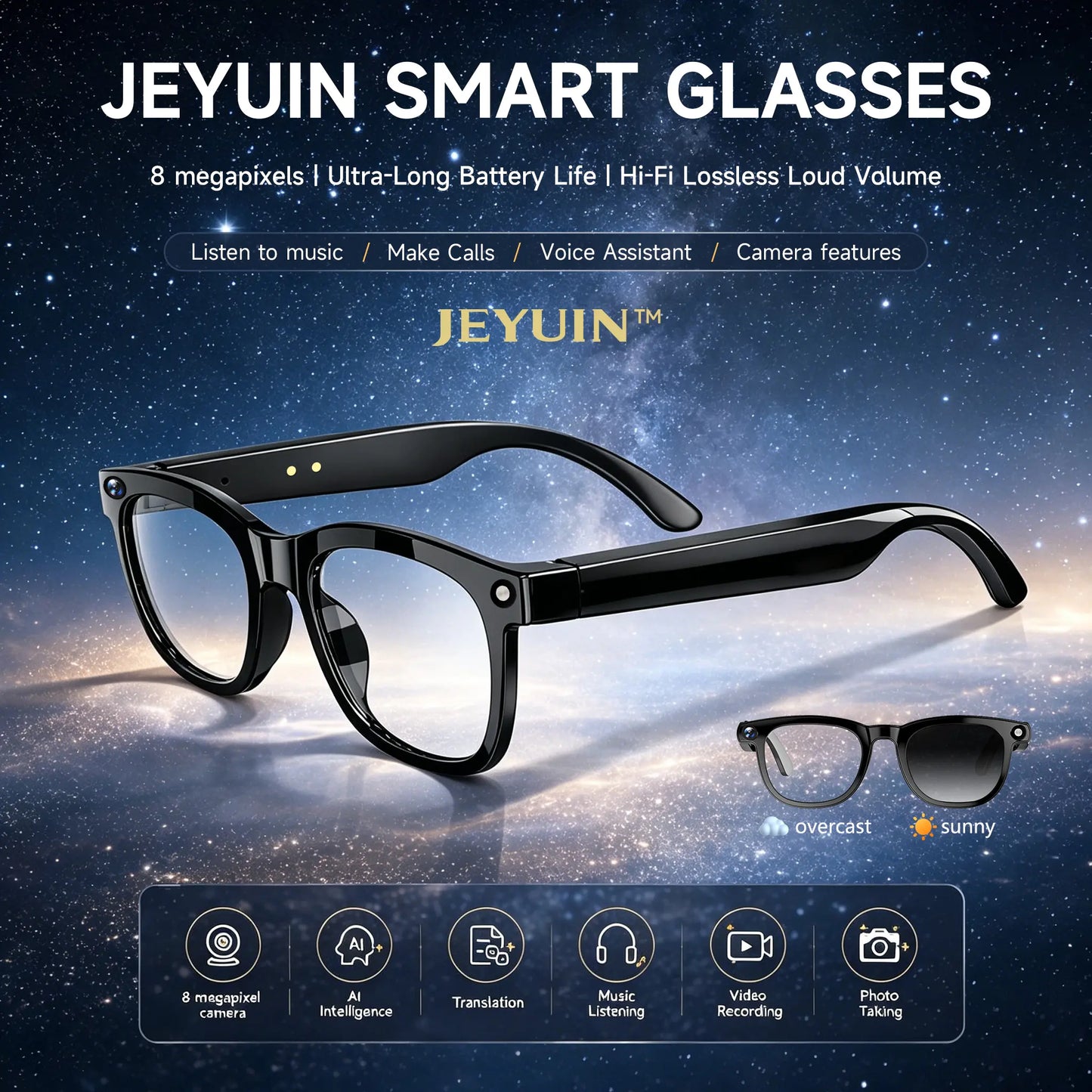 Smart Camera Glasses with Bluetooth Audio, Photochromic Tint Lenses, Hands-Free Photo & Video Capture, Wearable Glasses for Travel, Outdoor Activities, Driving and Daily Use, Compatible with iPhone & Android