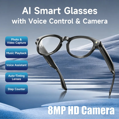 Smart Camera Glasses with Bluetooth Audio, Photochromic Tint Lenses, Hands-Free Photo & Video Capture, Wearable Glasses for Travel, Outdoor Activities, Driving and Daily Use, Compatible with iPhone & Android