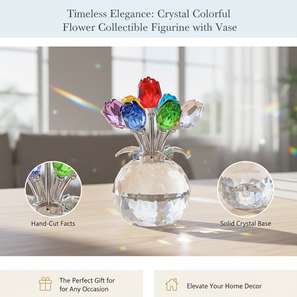 🔥Last Day 49% OFF -🔮Crystal Colorful Rose Flower Collectible Figurine with Vase
