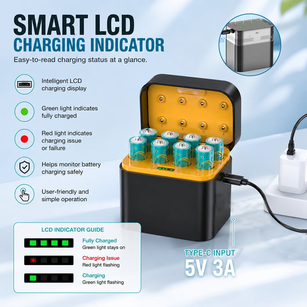 🔋 Portable Smart 8-Slot Rechargeable Battery Charger